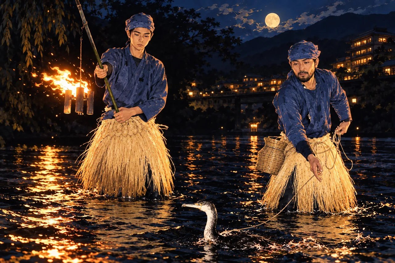 夜の笛吹川で、かがり火を手に鵜とともに川の中を歩く石和鵜飼の鵜匠