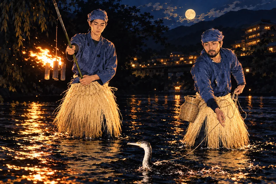夜の笛吹川で、かがり火を手に鵜とともに川の中を歩く石和鵜飼の鵜匠
