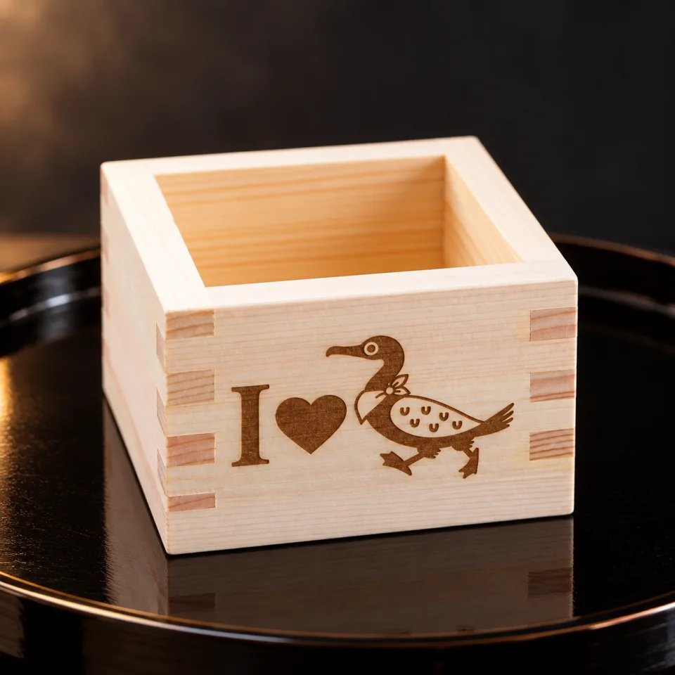 「I♡鵜」の焼印が入ったひのきのI♡U枡